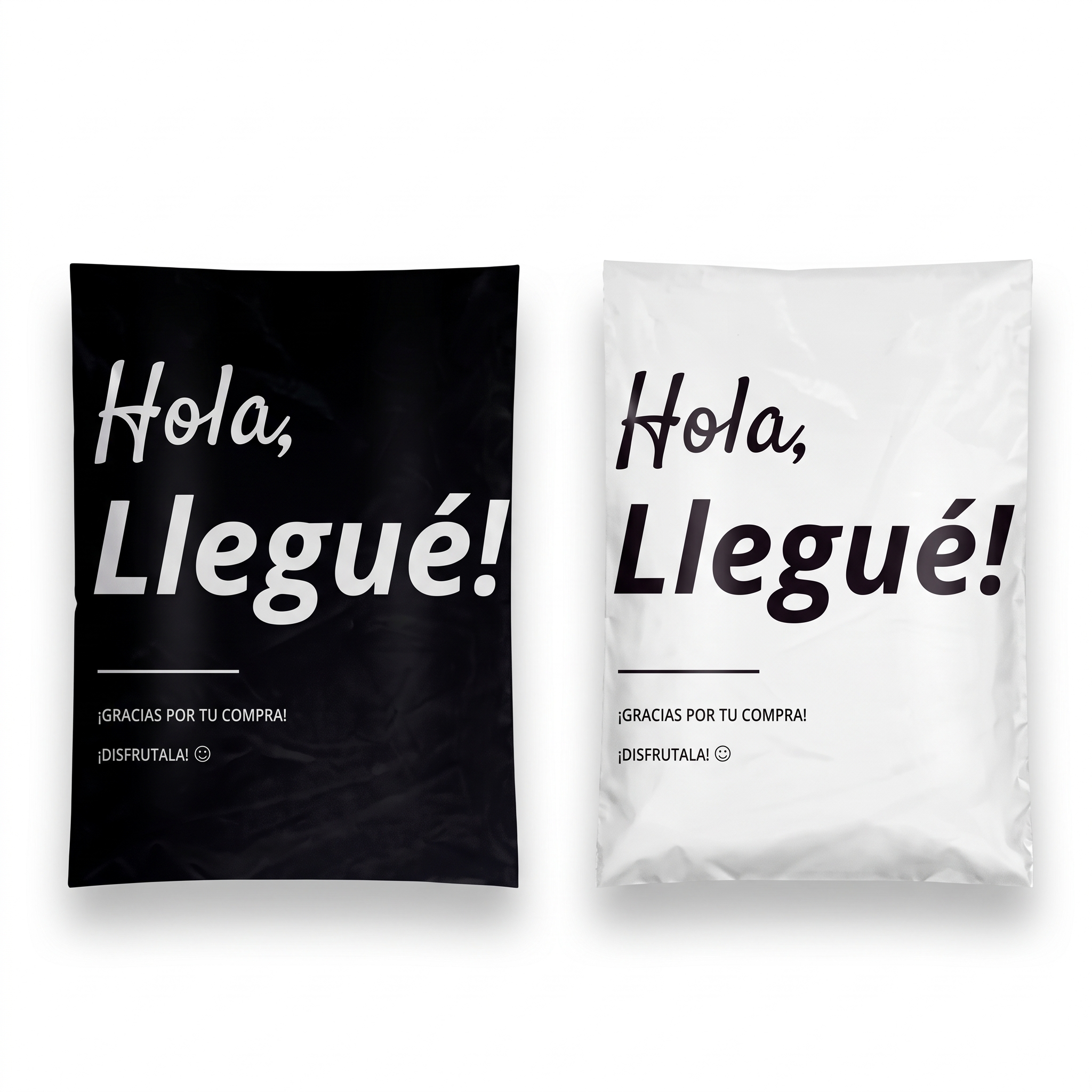 Bolsas E-commerce Impresas Hola Llegué - Negro y Plata 30x45cm al por mayor en Argentina